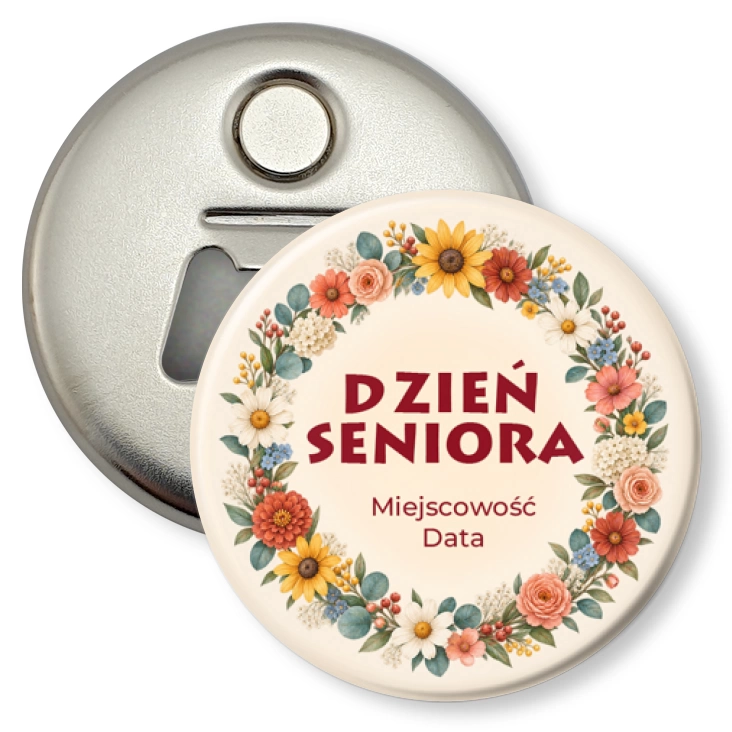 przypinka otwieracz-magnes Dzień Seniora wianek z kwiatów