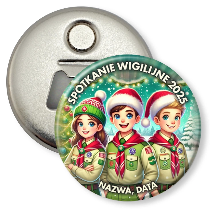 przypinka otwieracz-magnes Harcerze w świątecznych czapkach