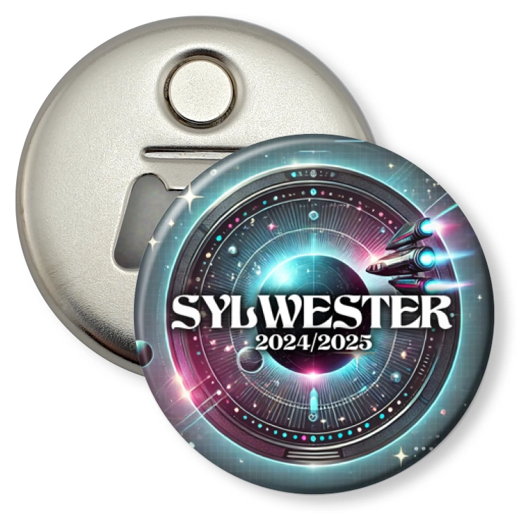przypinka otwieracz-magnes Impreza sylwestrowa w stylu science-fiction