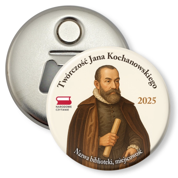 przypinka otwieracz-magnes Jan Kochanowski i jego twórczość Narodowe Czytanie 2025