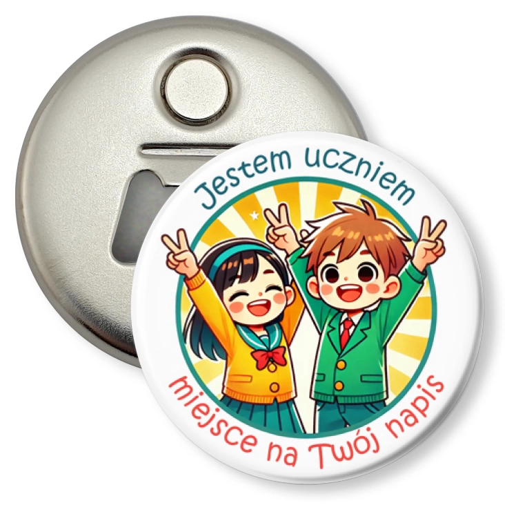 przypinka otwieracz-magnes Jestem uczniem dziewczynka i chłopiec