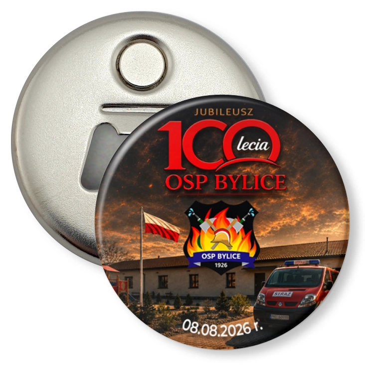 przypinka otwieracz-magnes Jubileusz 100-lecia OSP Bylice