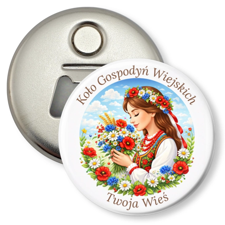 przypinka otwieracz-magnes Koło Gospodyń Wiejskich dziewczyna z kwiatami
