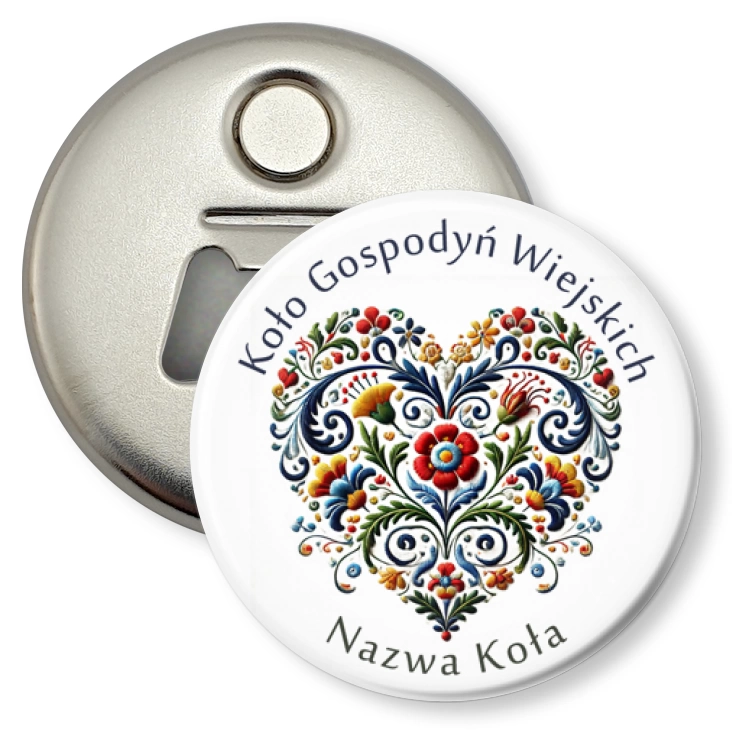 przypinka otwieracz-magnes Koło Gospodyń Wiejskich haftowane serce