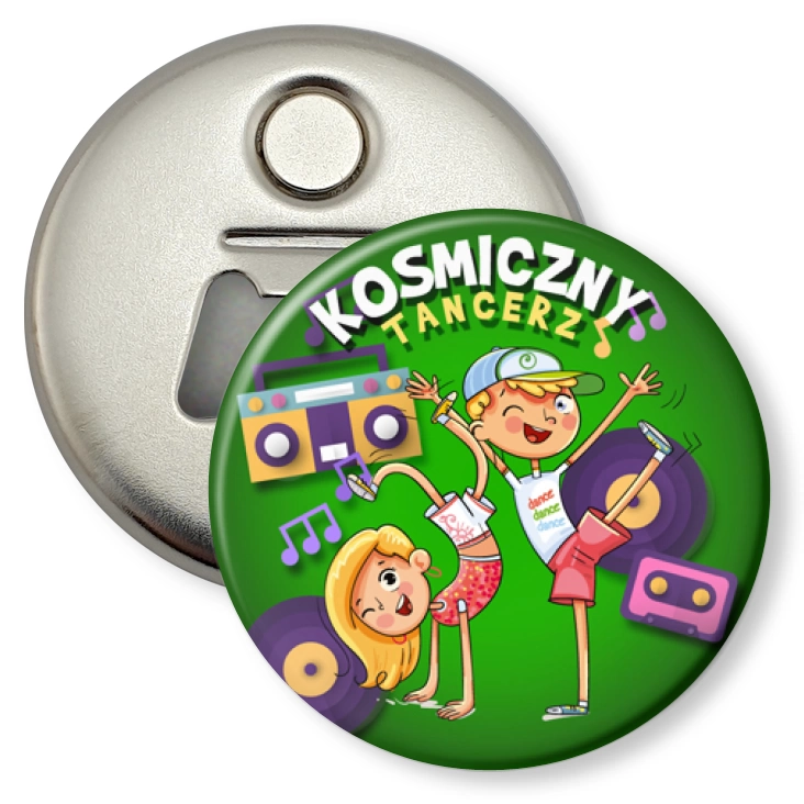 przypinka otwieracz-magnes Kosmiczny tancerz na zielonym tle