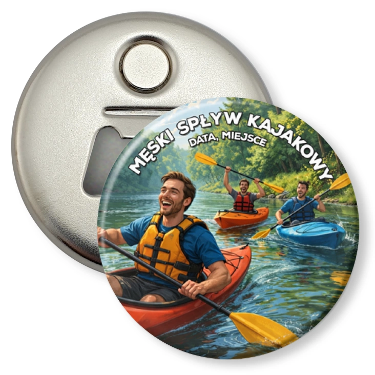przypinka otwieracz-magnes Męski spływ kajakowy
