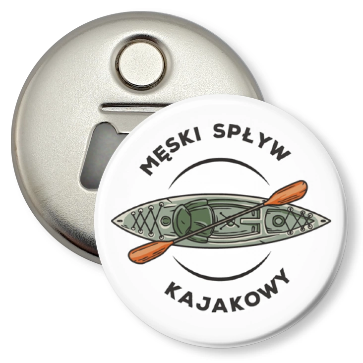 przypinka otwieracz-magnes Męski spływ kajakowy na białym tle