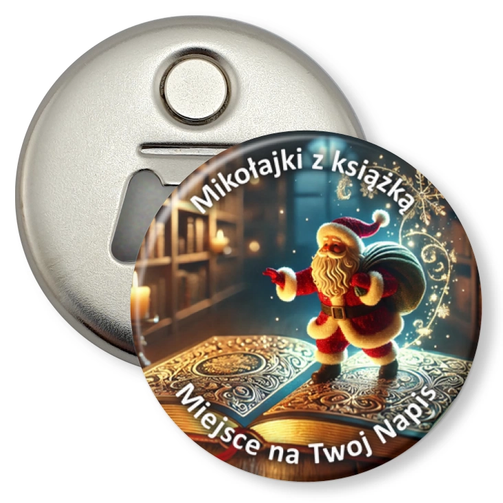 przypinka otwieracz-magnes Mikołajki z książką