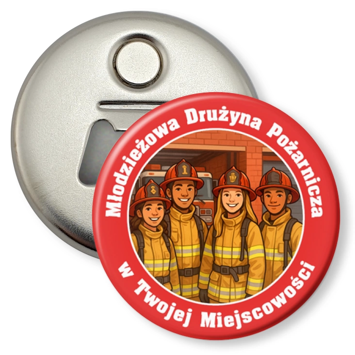przypinka otwieracz-magnes Młodzieżowa Drużyna Pożarnicza