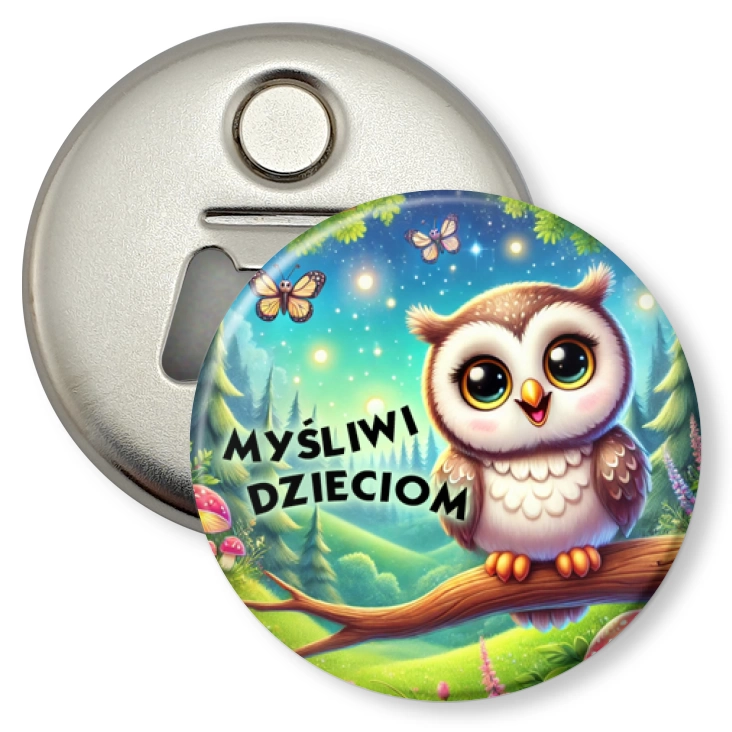 przypinka otwieracz-magnes Myśliwi dzieciom sowa