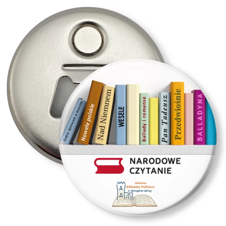 przypinka otwieracz-magnes Narodowe Czytanie 2025 Biblioteka w Opinogórze