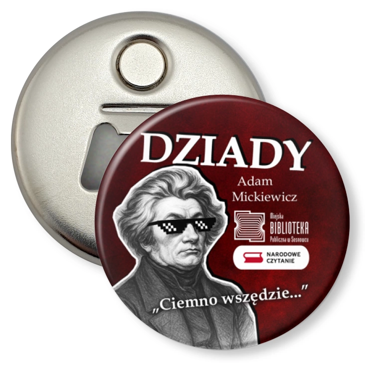 przypinka otwieracz-magnes Narodowe Czytanie Bibliotek Publiczna w Sosnowcu
