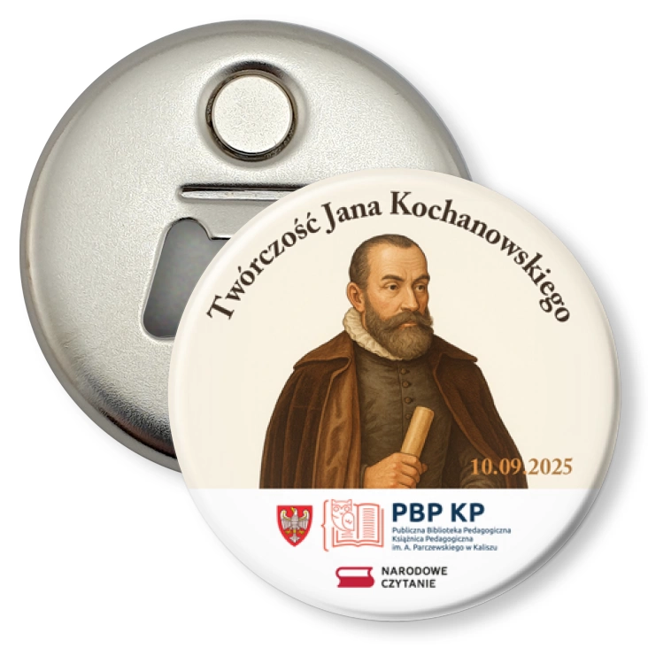 przypinka otwieracz-magnes Narodowe czytanie Biblioteka Kalisz 2025