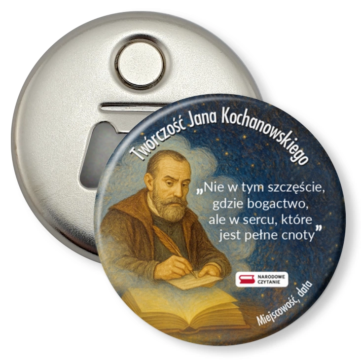 przypinka otwieracz-magnes Narodowe Czytanie Jan Kochanowski na granatowym tle