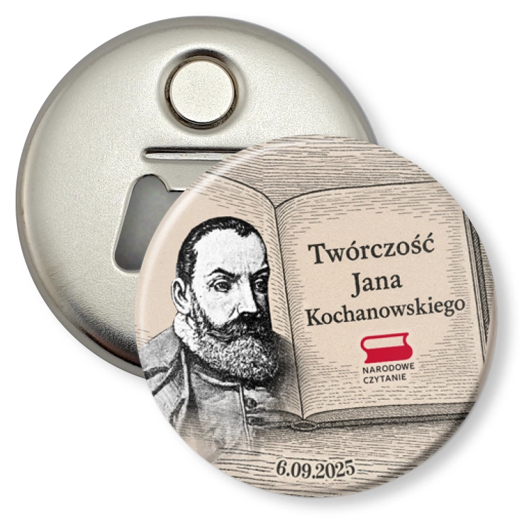 przypinka otwieracz-magnes Narodowe Czytanie Twórczość Jana Kochanowskiego