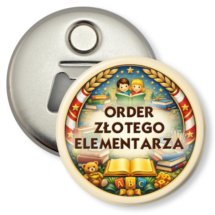 przypinka otwieracz-magnes Order Złotego Elementarza