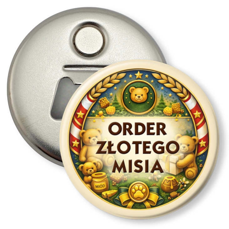 przypinka otwieracz-magnes Order Złotego Misia
