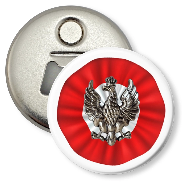 przypinka otwieracz-magnes Orzełek historyczny biało-czerwona kokarda