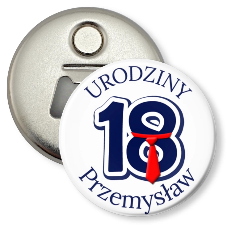 przypinka otwieracz-magnes Osiemnaste urodziny pod krawatem