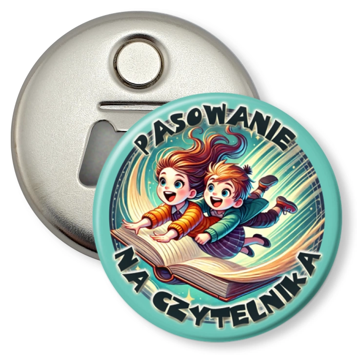 przypinka otwieracz-magnes Pasowanie na czytelnika lot na książce