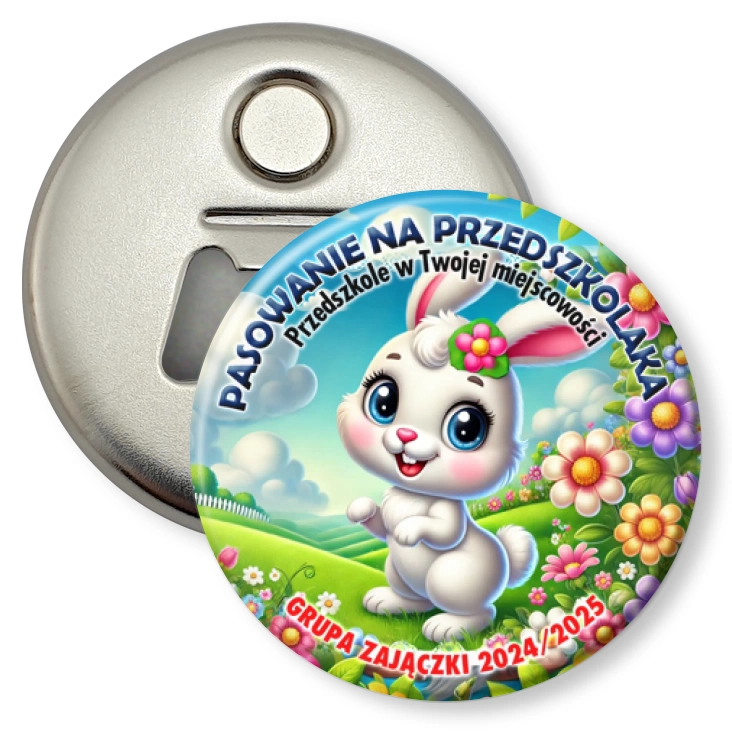 przypinka otwieracz-magnes Pasowanie na przedszkolaka grupa Zajączki