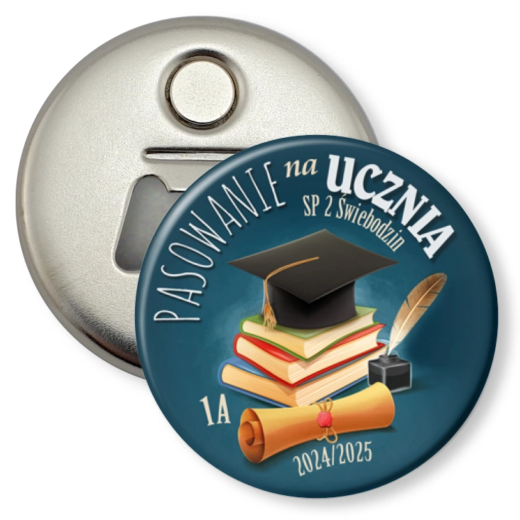 przypinka otwieracz-magnes Pasowanie na Ucznia SP 2 Świebodzin