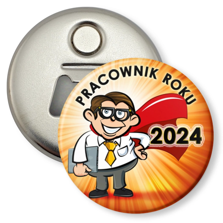przypinka otwieracz-magnes Pracownik Roku superman w okularach