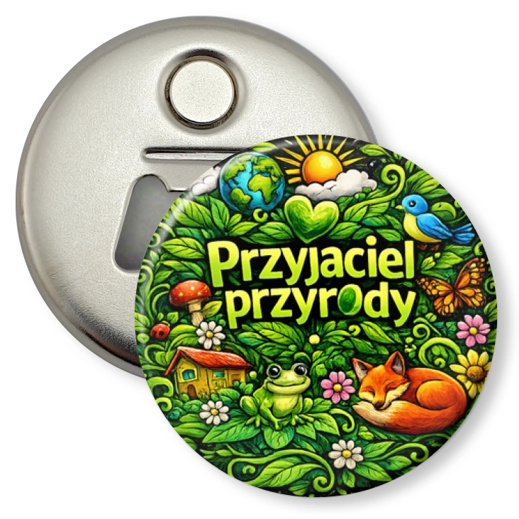 przypinka otwieracz-magnes Przyjaciel przyrody na kolorowym tle