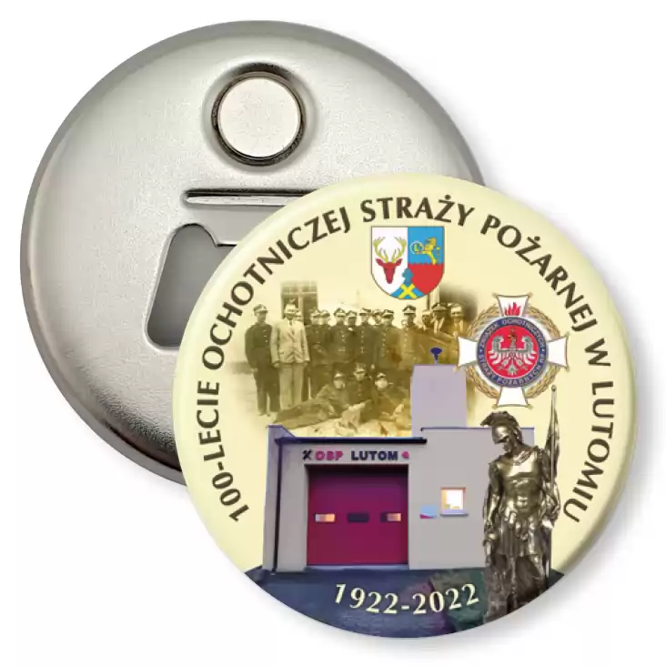 przypinka otwieracz-magnes 100 lat OSP w Lutomiu