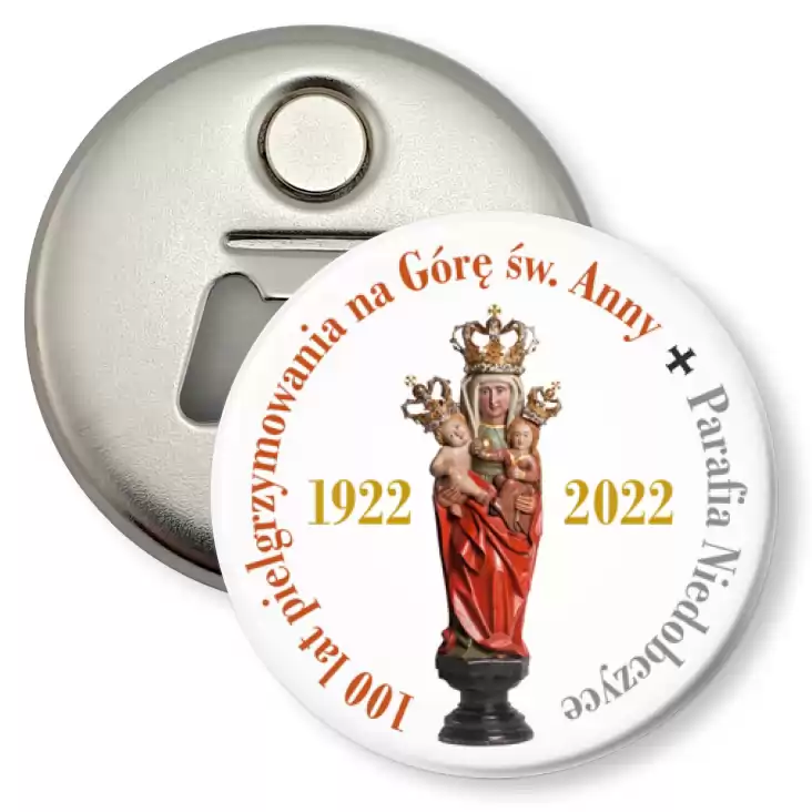 przypinka otwieracz-magnes 100-lecie Pielgrzymowania na Górę św. Anny Parafia Niedobczyce