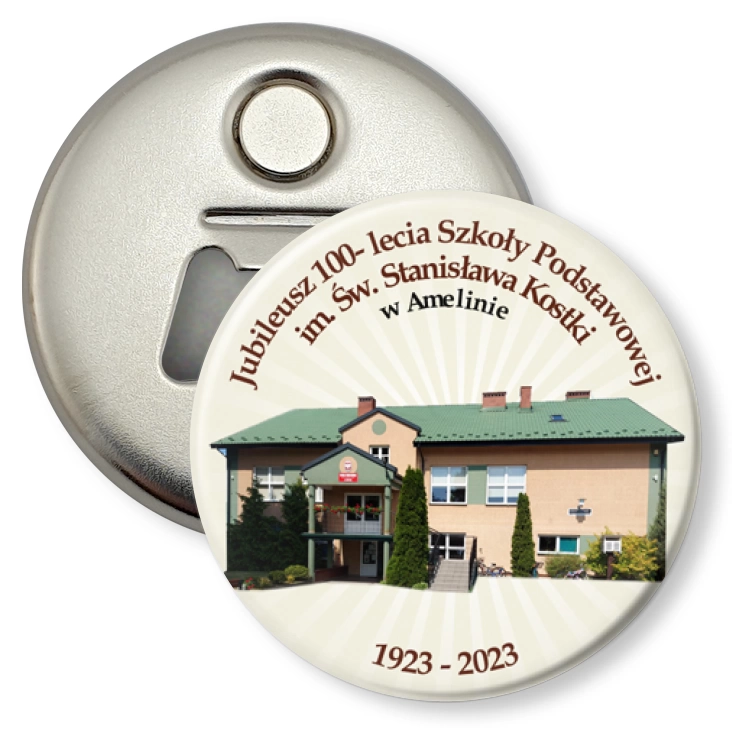 przypinka otwieracz-magnes 100-lecie Szkoły Podstawowej w Amelinie