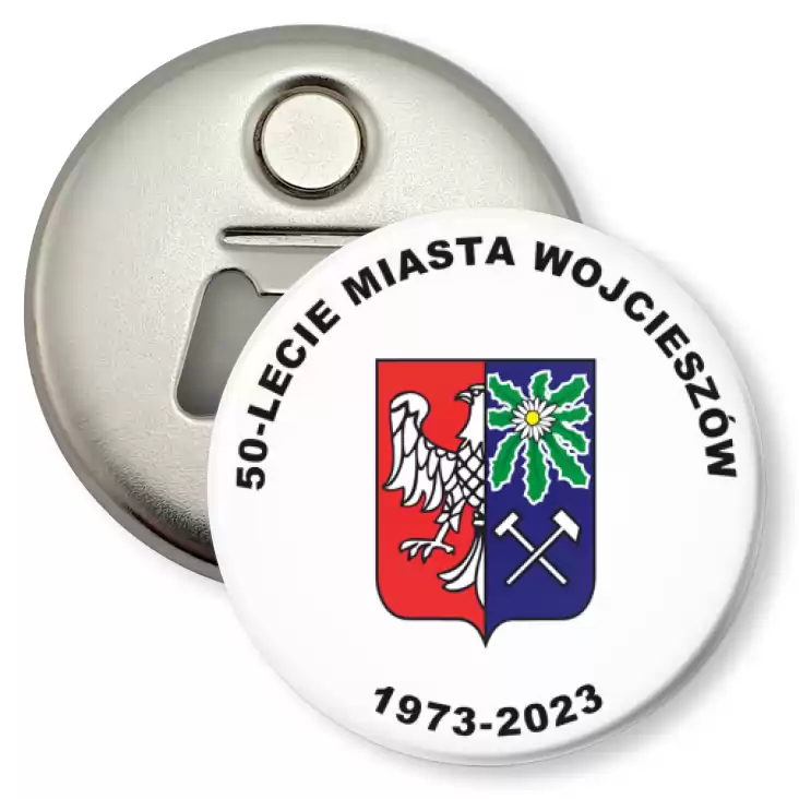 przypinka otwieracz-magnes 50-lecie Miasta Wojcieszów