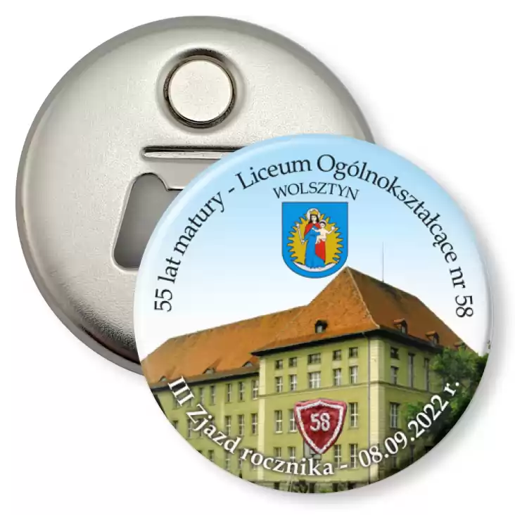 przypinka otwieracz-magnes 55 lat matu w 58 LO w Wolsztynie
