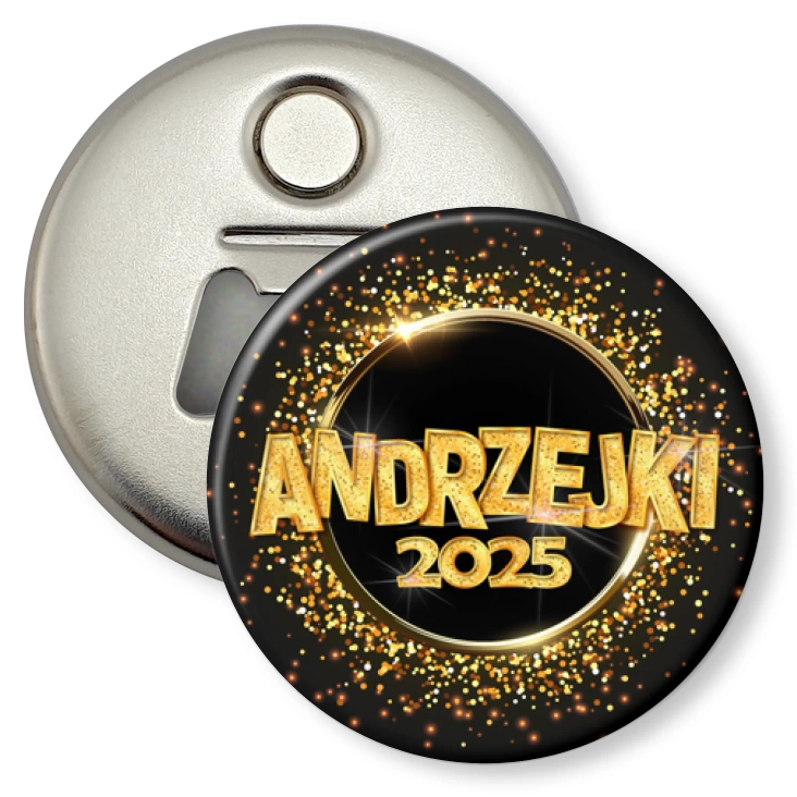 przypinka otwieracz-magnes Andrzejki złoty napis