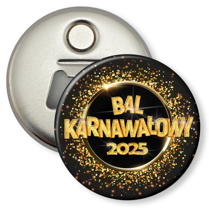 przypinka otwieracz-magnes Bal Karnawałowy złoty napis