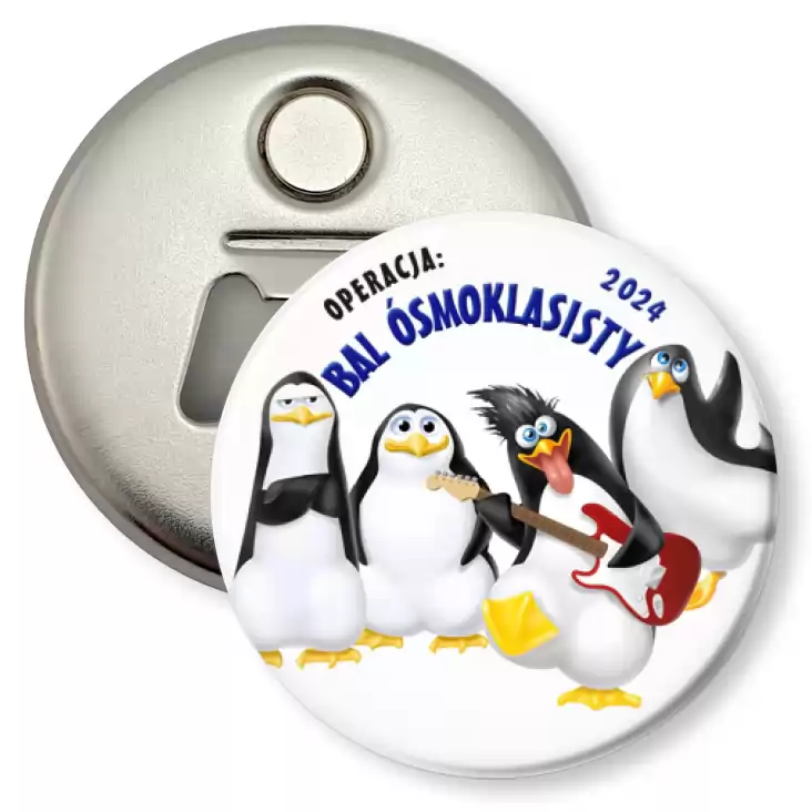 przypinka otwieracz-magnes Bal Ósmoklasisty pingwiny i gitara