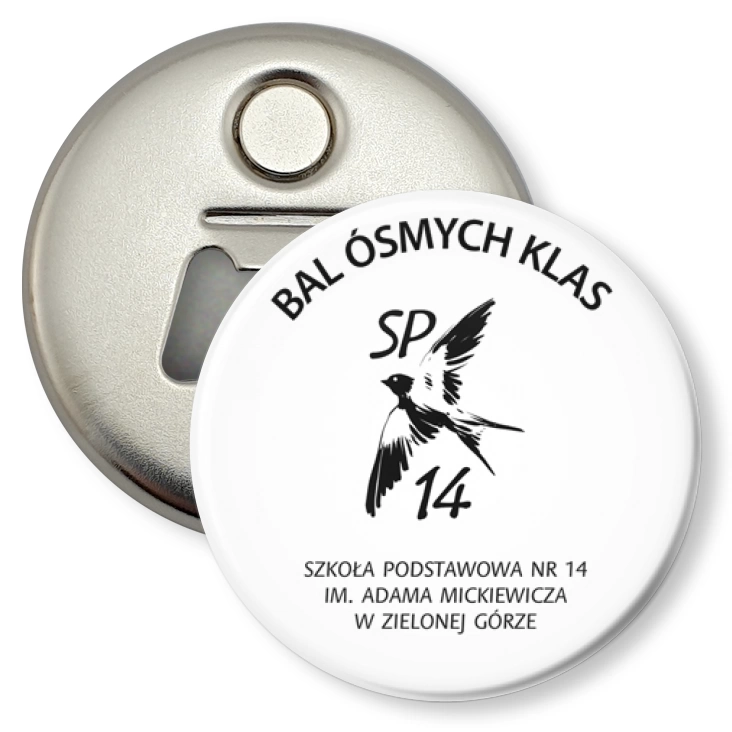 przypinka otwieracz-magnes Bal Ósmych Klas SP 14 Zielona Góra