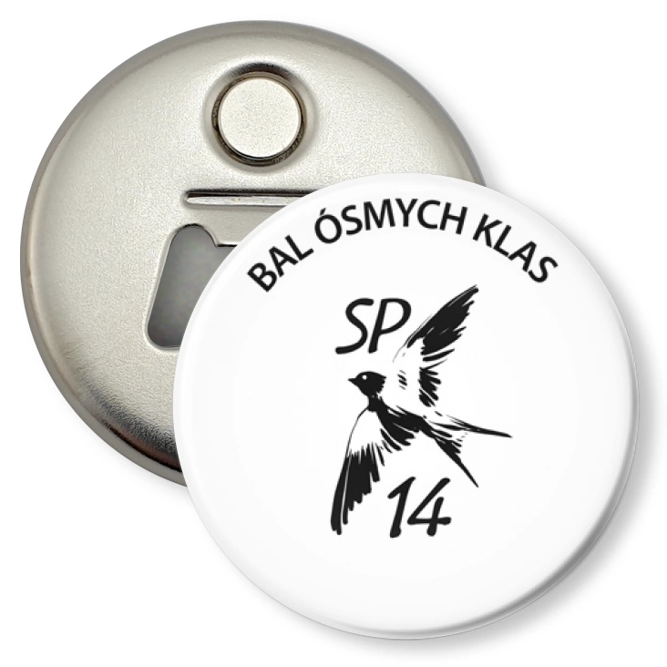 przypinka otwieracz-magnes Bal Ósmych Klas SP 14 Zielona Góra logo
