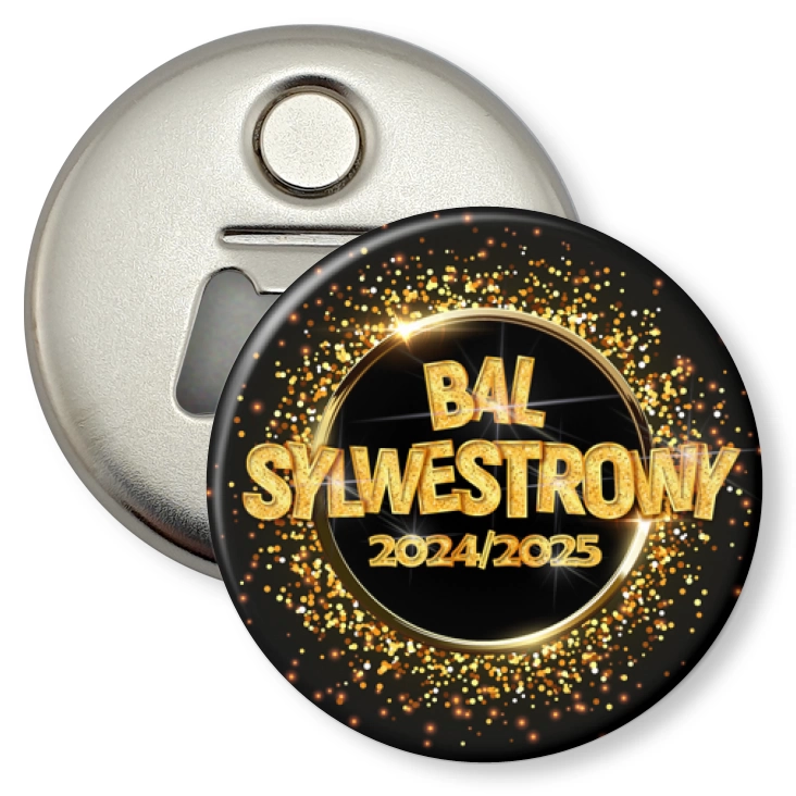 przypinka otwieracz-magnes Bal Sylwestrowy złoty napis