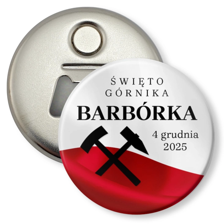 przypinka otwieracz-magnes Barbórka barwy narodowe