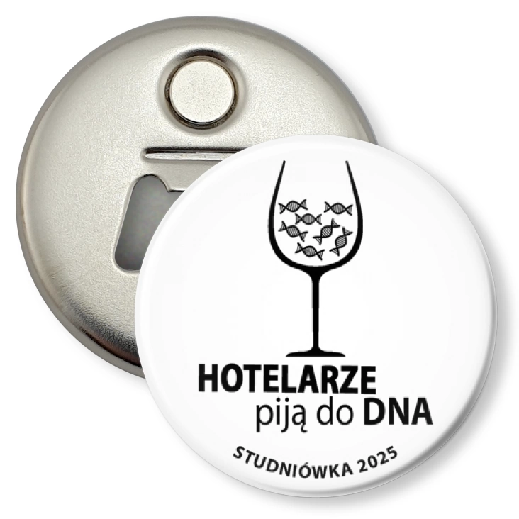 przypinka otwieracz-magnes Biała na studniówkę hotelarze piją do dna