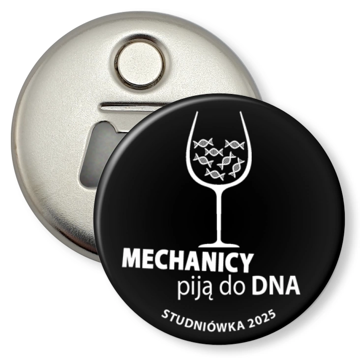 przypinka otwieracz-magnes Studniówka czarna mechanicy piją do dna