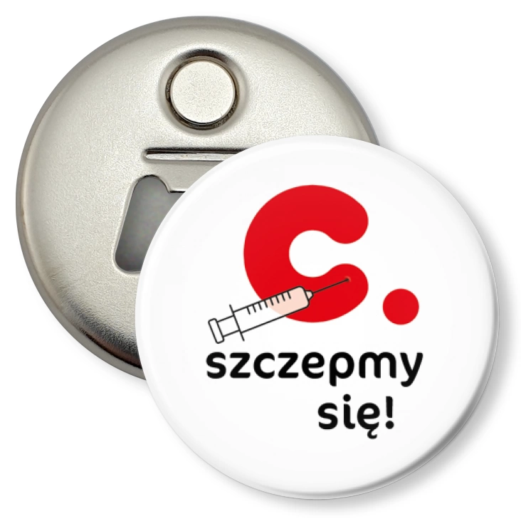 przypinka otwieracz-magnes Czerwonak szczepimy się