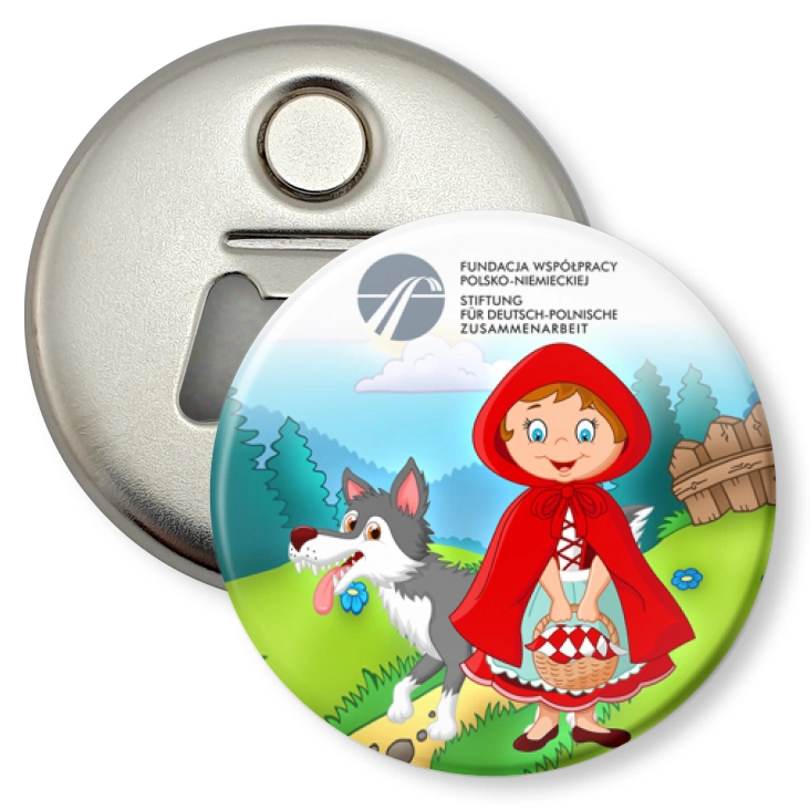 przypinka otwieracz-magnes Czerwony Kapturek Fundacja Współpracy Polsko-Niemieckiej