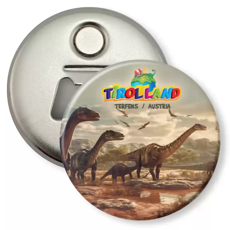przypinka otwieracz-magnes Dinozaury o zachodzie słońca Tirolland