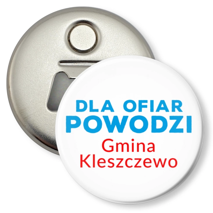 przypinka otwieracz-magnes Dla ofiar powodzi gmina Kleszczewo