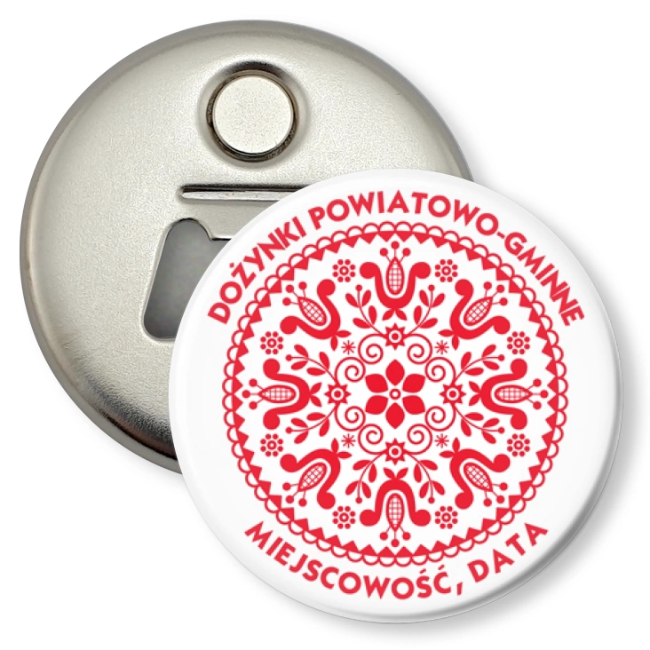 przypinka otwieracz-magnes Dożynki czerwony wzór ludowy wycinanka