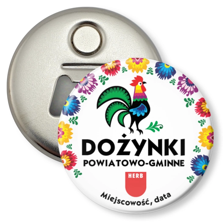 przypinka otwieracz-magnes Dożynki powiatowo-gminne z kogutem