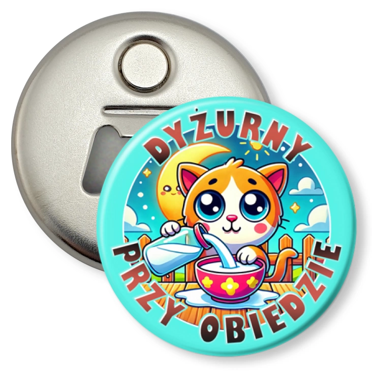 przypinka otwieracz-magnes Dyżurny przy obiedzie kotek