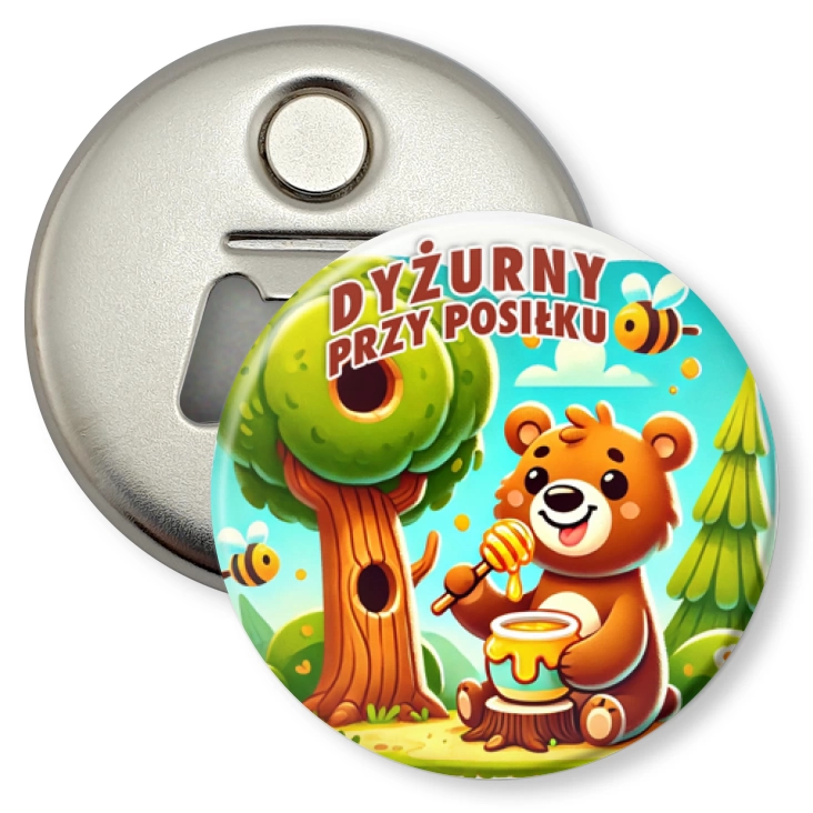 przypinka otwieracz-magnes Dyżurny przy posiłku miś